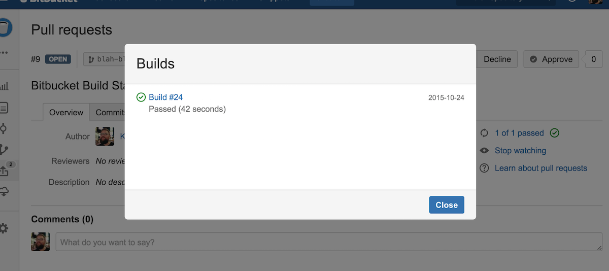 Screenshot of the Bitbucket builds popup