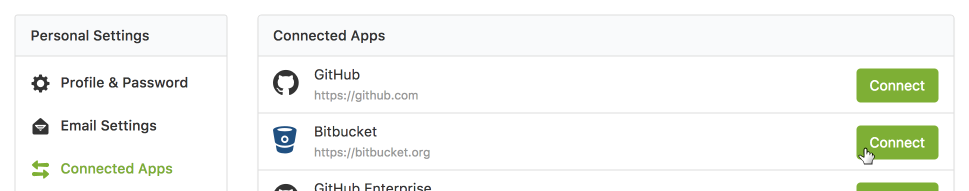 Screenshot of the Buildkite Connected Apps screen