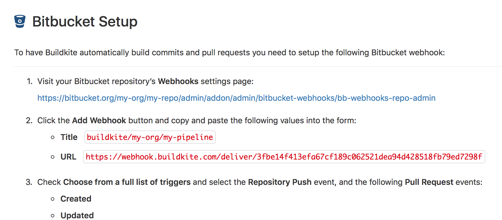 Screenshot of BitBucket setup instructions on Buildkite
