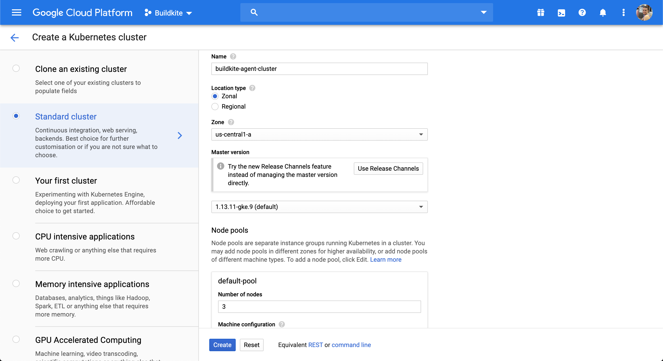 Screenshot of creating a Google Kubernetes Engine cluster via the Google Cloud Console