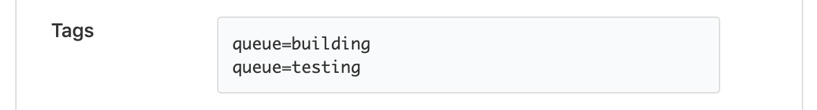 Screenshot of an agent's tags showing both building and testing queues