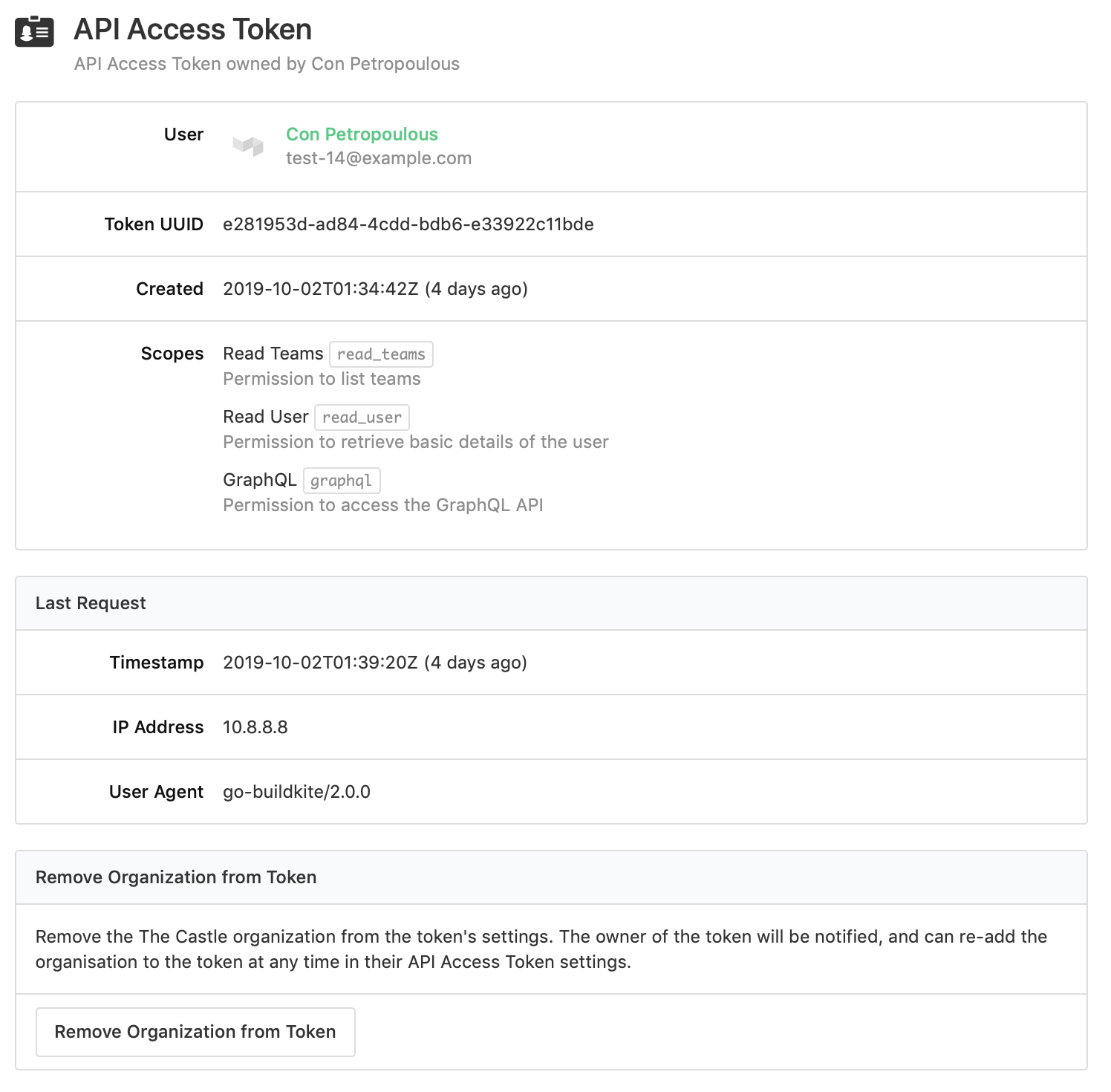 Screenshot of the API access token page with the Revoke Access button at the bottom of the screen