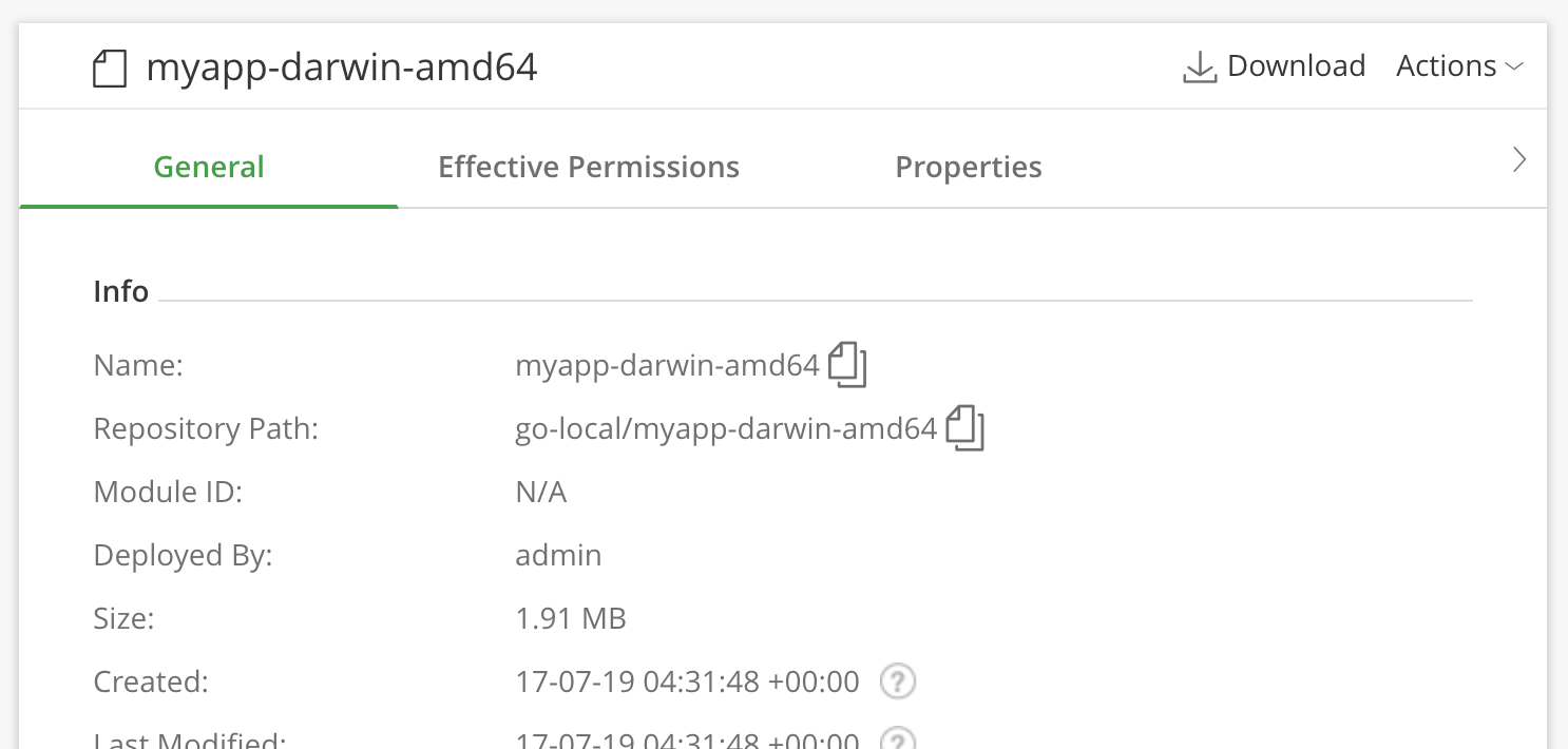 Screenshot of an artifact in the go-local repository in Artifactory