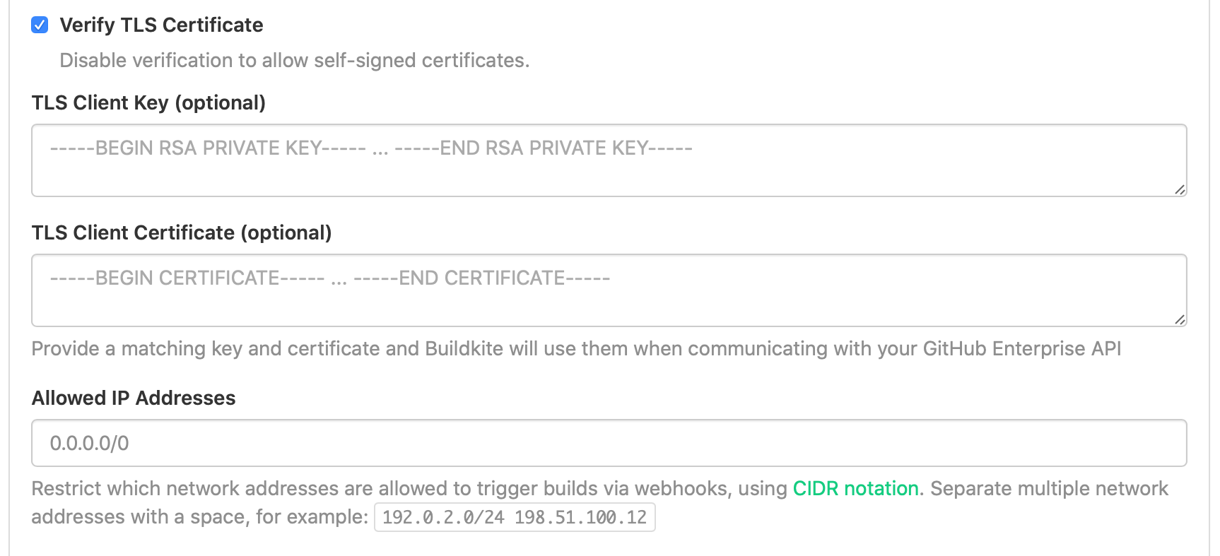 Screenshot of the TLS client settings section of the GitHub Enterprise settings in Buildkite