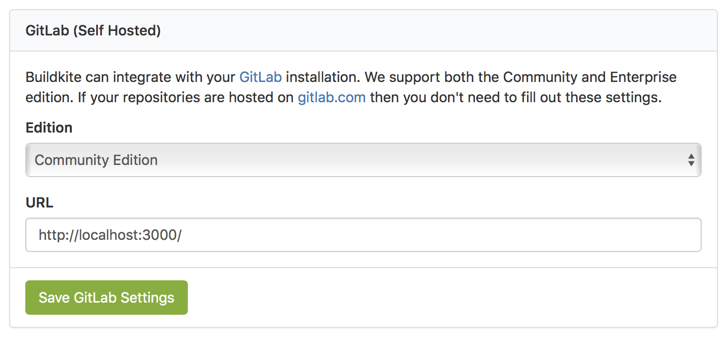 Screen of Buildkite Organiziation GitLab Settings