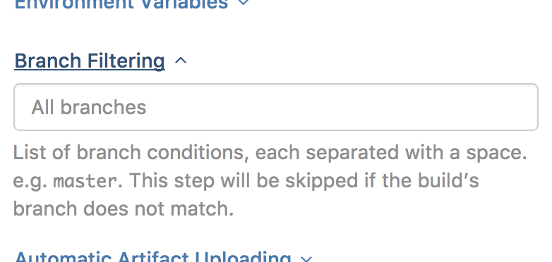 Screenshot of the Branch Filtering field of a step in Buildkite