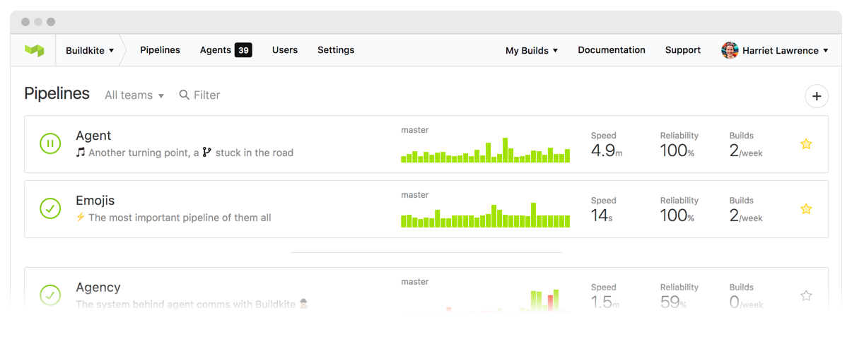 Screenshot of an example pipelines page